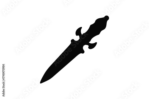 A striking black silhouette of an ornate dagger with a decorative hilt and sharp blade on a clean white background silhouette