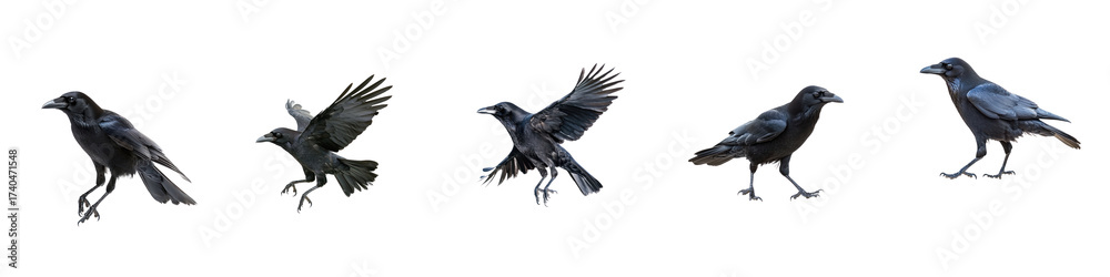 Fototapeta premium Collection of Crow gathering A crow gathers objects or food, holding them in its beak. full length isolate on transparent background