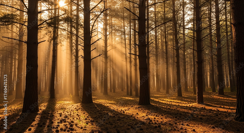Obraz premium Sunlight streams through a dense forest, creating a magical atmosphere as it illuminates the trees and the forest floor with golden rays