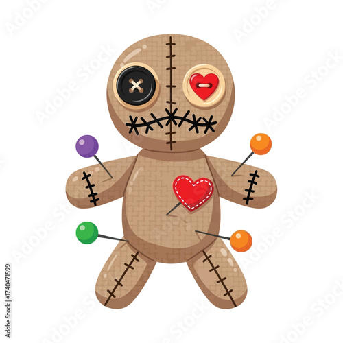 Whimsical voodoo doll with button eyes, stitched mouth, and heart embellishments, impaled with colorful pins, representing magic, mystery, and dark humor in a charming cartoon style.