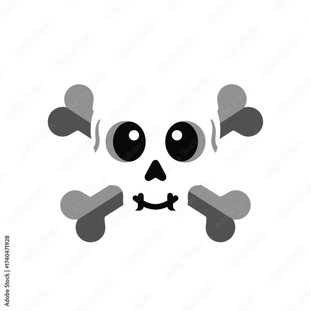 Fototapeta premium Cute cartoon white skull and crossbones with large black eyes and a small smile, on a plain white background.
