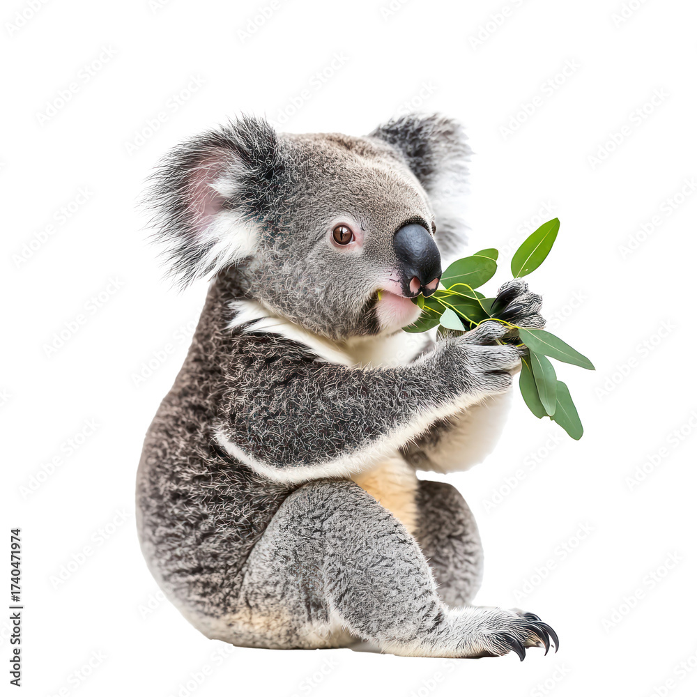 Fototapeta premium Koala eating A koala holds eucalyptus leaves in its paws and eats while sitting or standing. full length isolate on transparent background