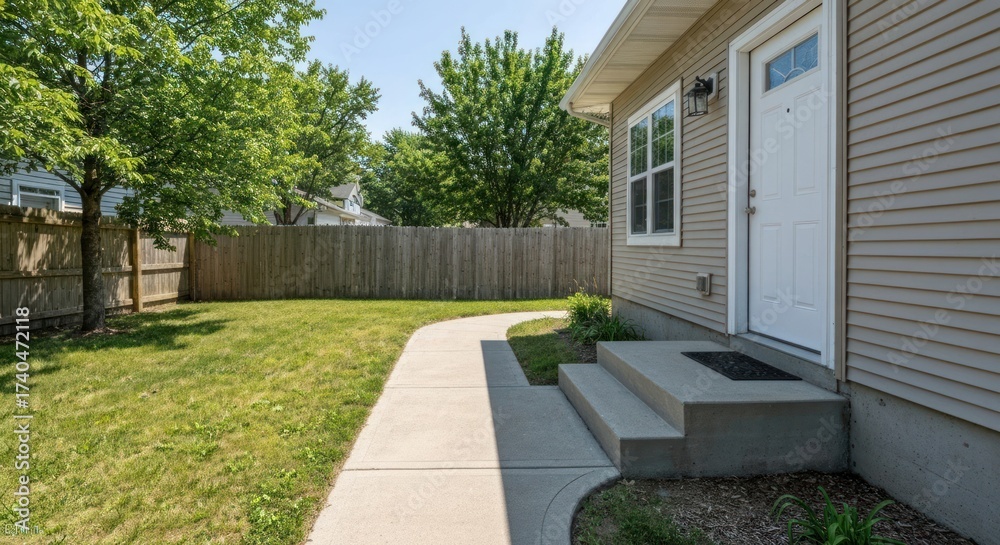 Obraz premium Side yard pathway leading to a light beige building with a white door. Lush green grass and a wooden fence border the pathway