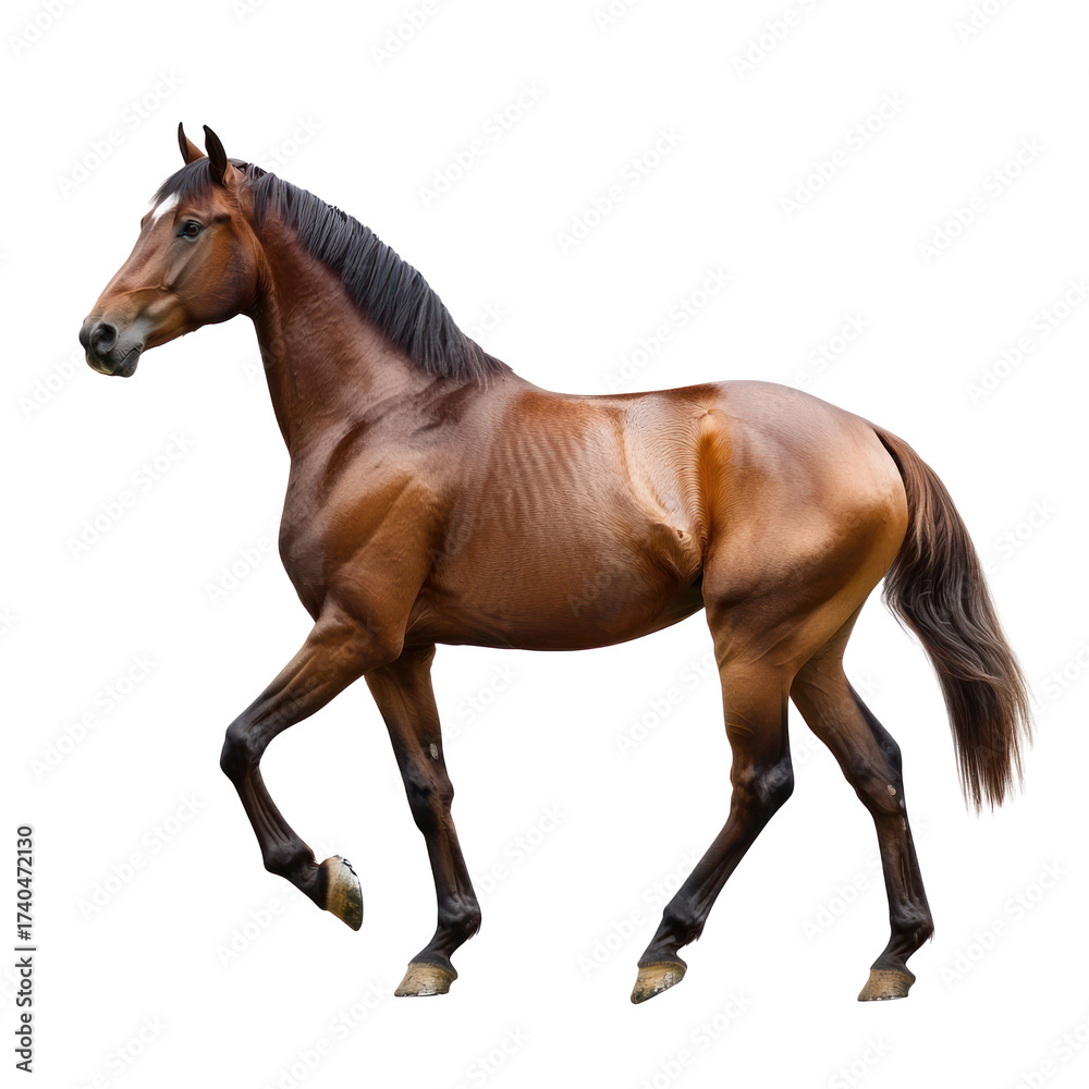 Naklejka premium Horse walking A horse moves steadily with graceful steps, neck extended and tail flowing. full length isolate on transparent background
