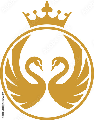 Elegant swan logo icon with royal crown. Luxury cosmetic brand template. Vector illustration.