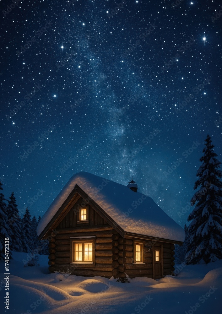 Fototapeta premium Cozy cabin under starry sky.
