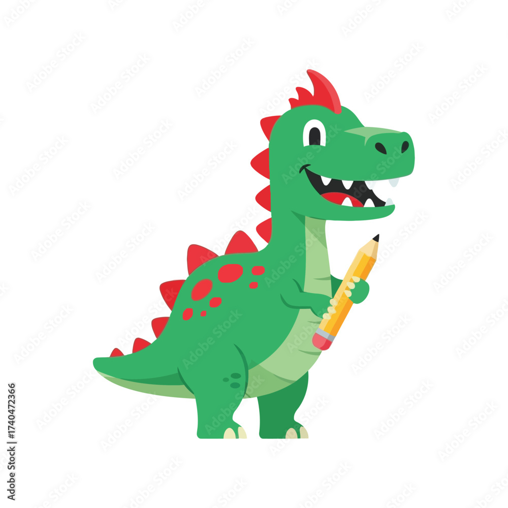 Fototapeta premium A cute green cartoon dinosaur holding a yellow pencil in its hand, with red spots and spikes.