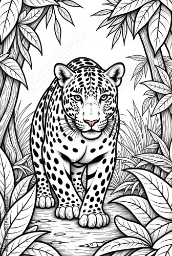 leopard in the jungle, page of coloring book