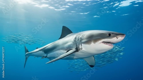 Majestic great white shark swimming gracefully in crystal blue ocean, surrounded by a school of fish, creating a thrilling underwater spectacle
