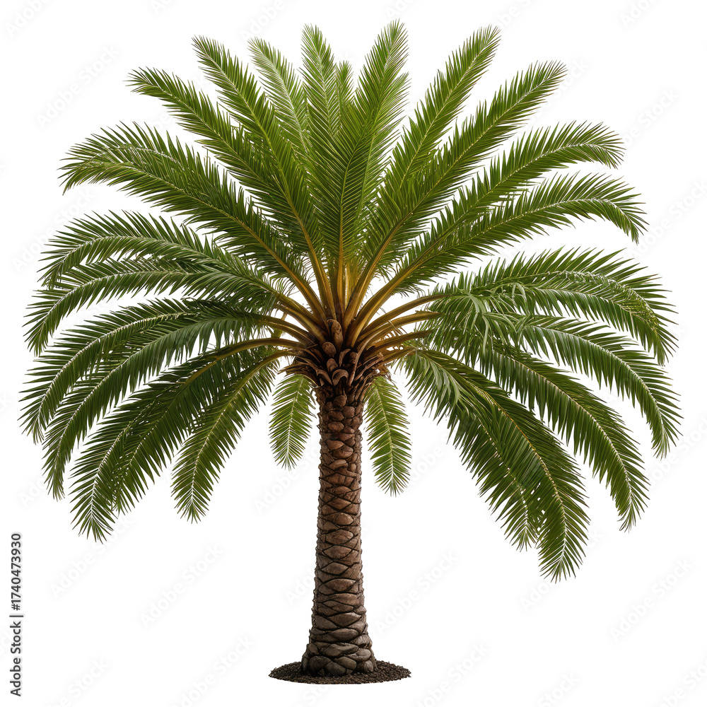 Obraz premium Lush green palm tree with a sturdy trunk, isolated on black background