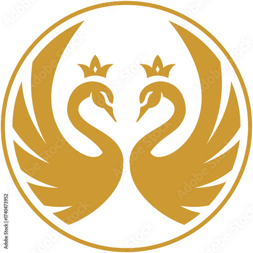 Elegant swan logo icon with royal crown. Luxury cosmetic brand template. Vector illustration.