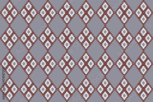 This fabric shows a geometric diamond pattern in brown and white on a gray background, with each diamond containing smaller floral-like motifs for a traditional look.