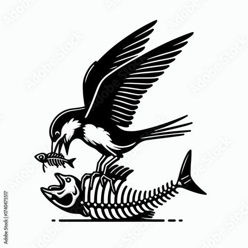 vector of bird eating fish skeleton