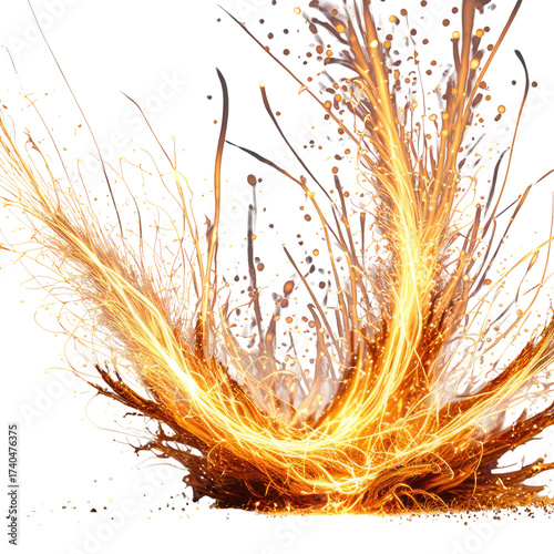 Glowing, fiery energy burst with intricate strands and golden hues
