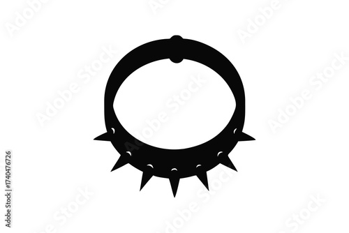 A stark black silhouette of a spiked dog collar representing punk rock fashion and rebellious style presented as a clean graphic