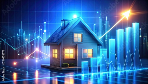 An illuminated icon of a house enclosing a percentage mark, held aloft by a hand, with dynamic blue arrows and growing bar graphs encircling it, signifying the surge in home loan interest.
