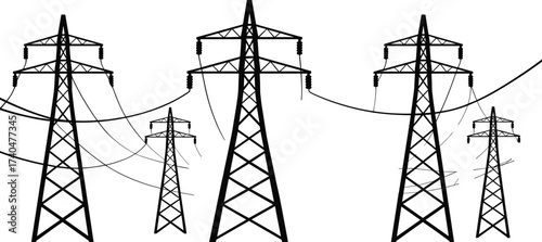 Black and white illustration of multiple high voltage electricity transmission towers with power lines, pylons, electrical grid, energy infrastructure design