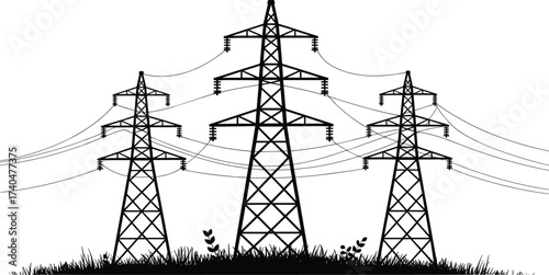 Black and white illustration of three high voltage electricity transmission towers with power lines, pylons, energy grid infrastructure, industrial design
