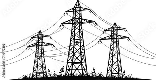 Black and white illustration of three high voltage electricity transmission towers with power lines, pylons, energy grid infrastructure, industrial design