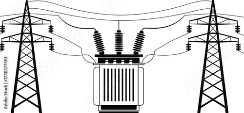 Black and white line art illustration of electrical transformer with high voltage power lines, pylons, electricity grid, energy distribution system