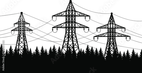 Black and white silhouette of electricity pylons with power lines crossing forest landscape, high voltage transmission towers, energy infrastructure illustration