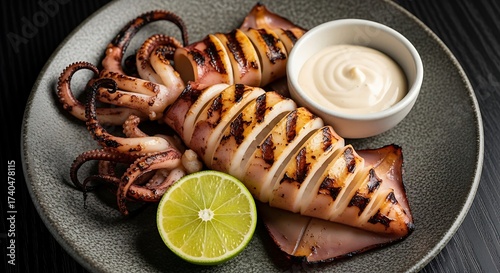 Grilled Squid with Lime and Dipping Sauce on Ceramic Plate