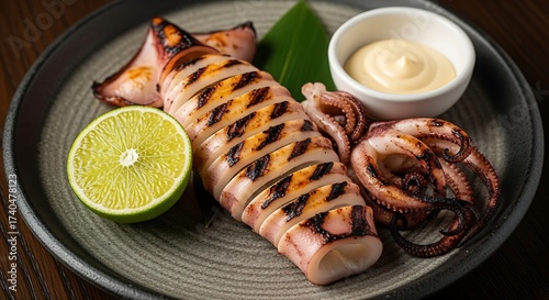 Grilled Squid with Lime and Dipping Sauce on Ceramic Plate