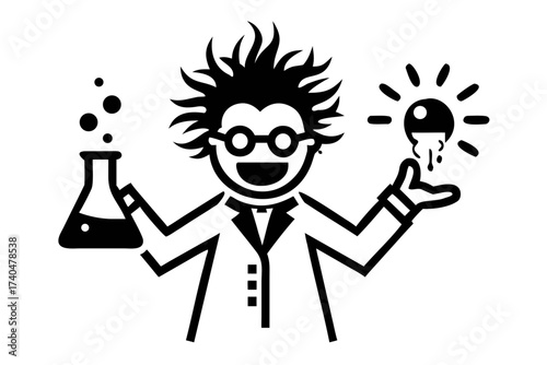Mad scientist with crazy hair holding flask