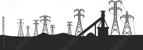 Industrial factory with smoking chimney and power transmission lines, electricity pylons silhouette, energy production illustration, coal plant, power station