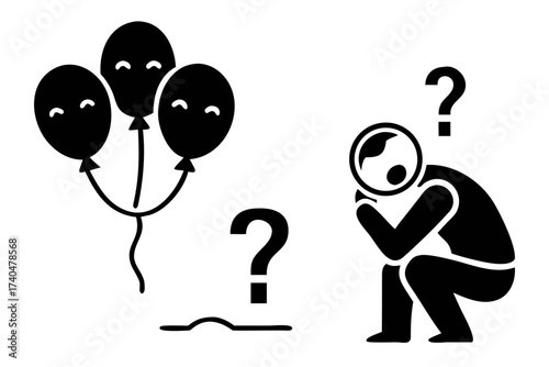 Confused man looking at balloons with question marks