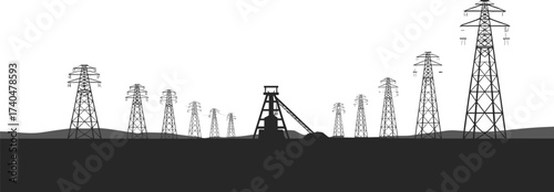 Industrial factory with smoking chimney and power transmission lines, electricity pylons silhouette, energy production illustration, coal plant, power station