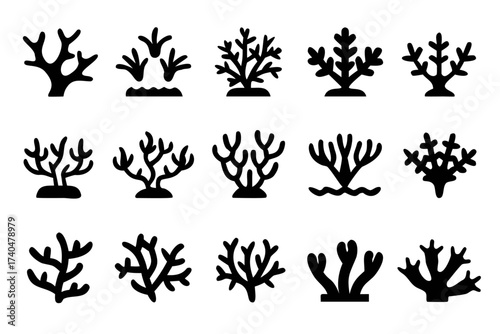 Collection of coral reef icons in black color
