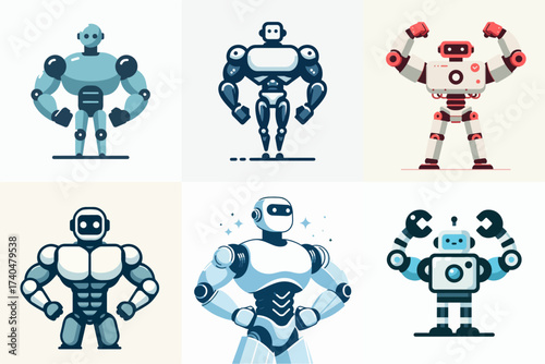 vector illustration set of powerful ai robots white background