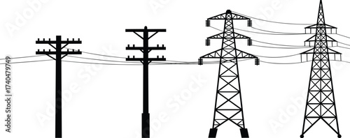 Silhouette of power transmission towers, electricity poles, energy infrastructure, high voltage lines, black and white illustration, utility, industrial background, technology