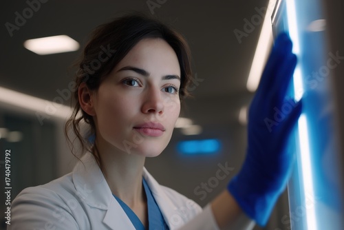 Modern Healthcare Professional: A focused healthcare professional in a sterile medical environment, radiating competence and compassion, epitomizes dedication and skill in patient care. 