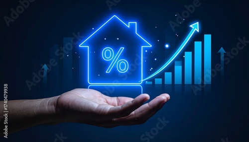 An illuminated icon of a house enclosing a percentage mark, held aloft by a hand, with dynamic blue arrows and growing bar graphs encircling it, signifying the surge in home loan interest.