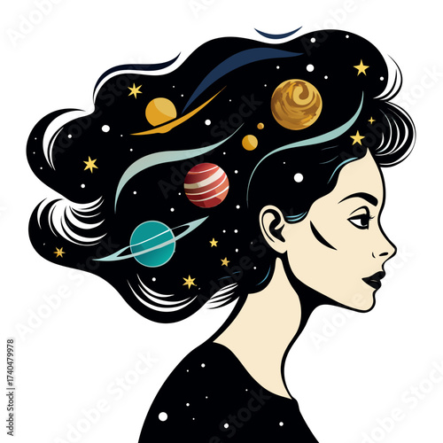 Side profile of a woman where hair turns into a spiral galaxy with planets black vector on white background
