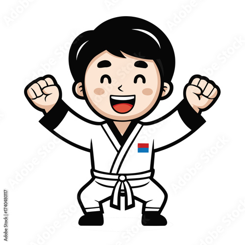 Smiling Korean Taekwondo fighter celebrating with raised fists silhouette vector black on white background