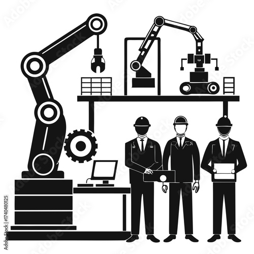 Engineers supervising robotic arms and automation line in factory silhouette vector black on white background