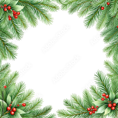 Festive evergreen frame with red berries, ideal for holidays
