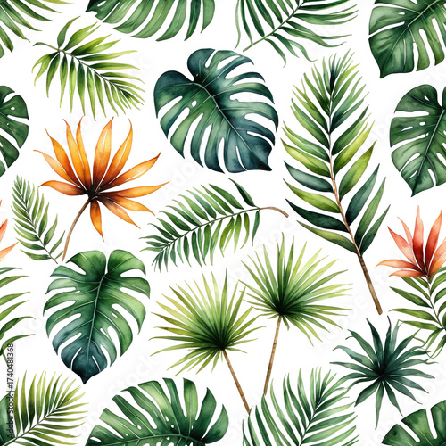 Lush tropical foliage pattern with vibrant leaves and flowers