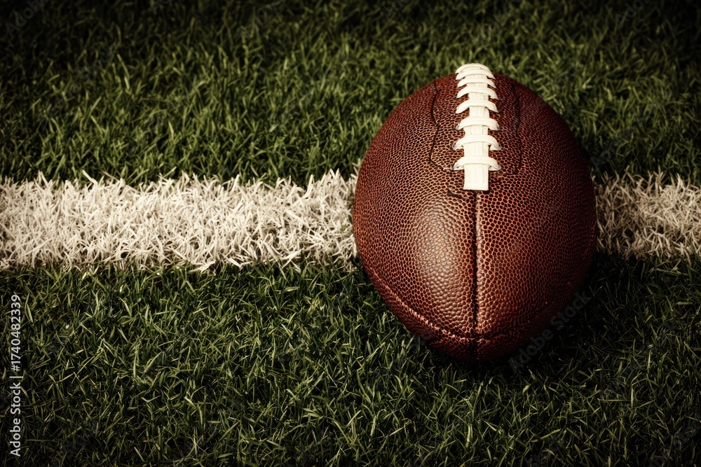 Obraz premium A brown oval ball rests on a green grass field beside a white line, close-up