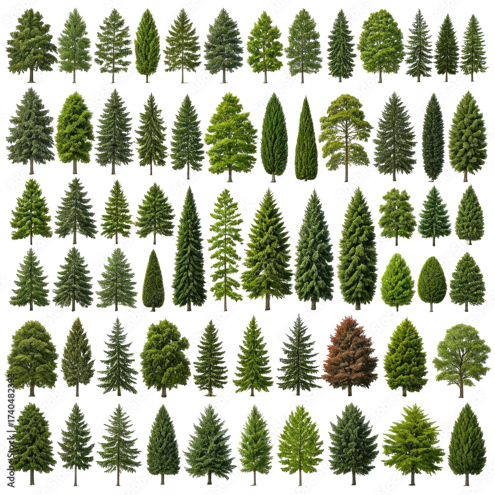 Obraz premium A collage of assorted coniferous trees, green with various shapes