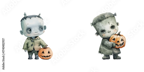 cute frankenstein holding pumpkin halloween watercolor vector illustration