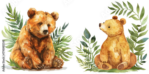 honey bear and tropical leaf watercolor vector illustration