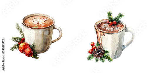 jot cocoa with christmas decoration watercolor vector illustration