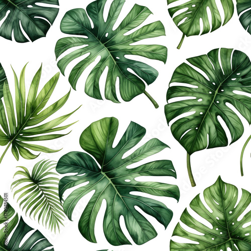 Lush green tropical leaves on a black background, seamless pattern (1)