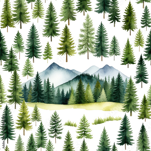 Watercolor illustration of evergreen trees, mountains, and landscape scene