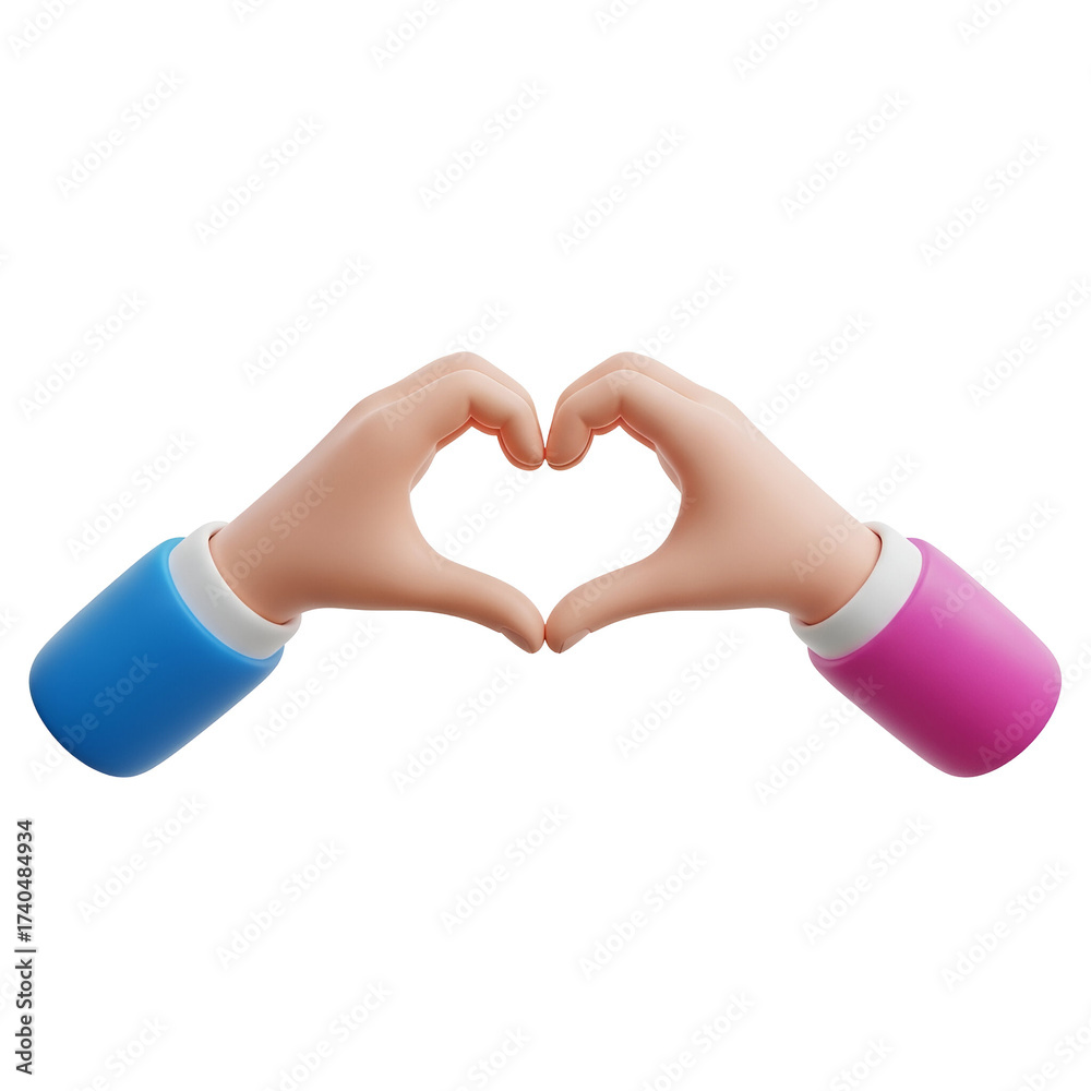 Fototapeta premium 3d icon of two hands forming a heart shape with blue and pink sleeves isolated on transparent background