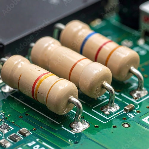 Close-up of Resistors on a Green Circuit Board - Electronic Components.